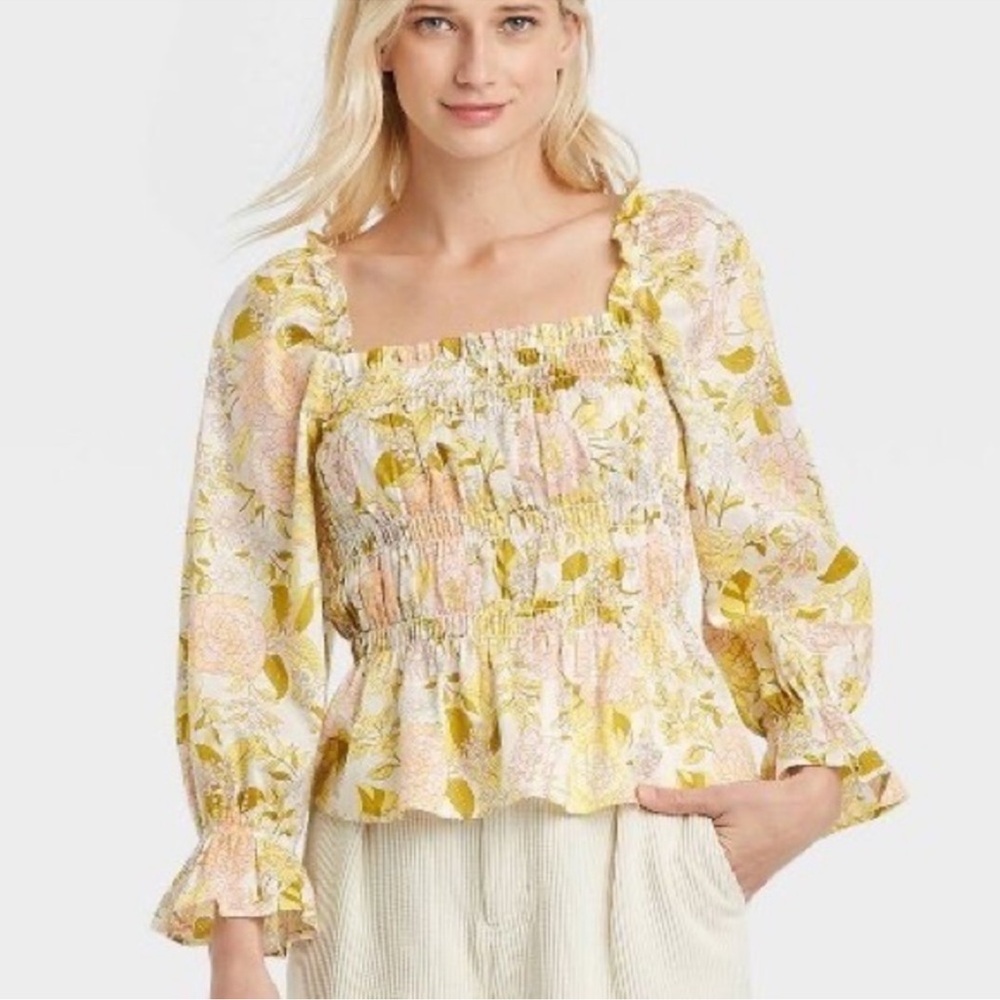 Who What Wear Size M Cotton‎ Smocked Balloon Sleeve Floral Boho Blouse Top